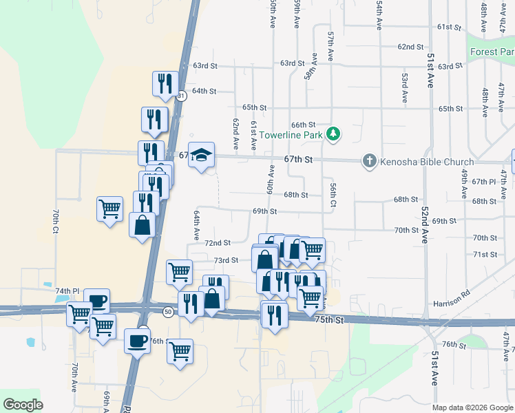 map of restaurants, bars, coffee shops, grocery stores, and more near 6018 69th Street in Kenosha