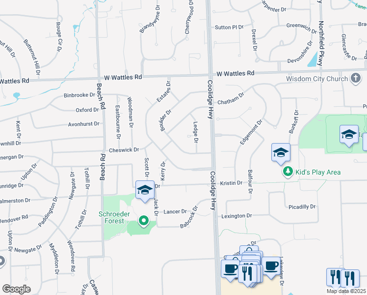 map of restaurants, bars, coffee shops, grocery stores, and more near 3750 Boulder Drive in Troy