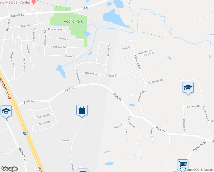 map of restaurants, bars, coffee shops, grocery stores, and more near 88 Park Street in North Reading