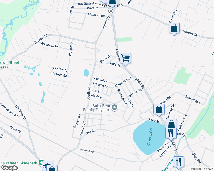 map of restaurants, bars, coffee shops, grocery stores, and more near 60 Franklin Street in Tewksbury