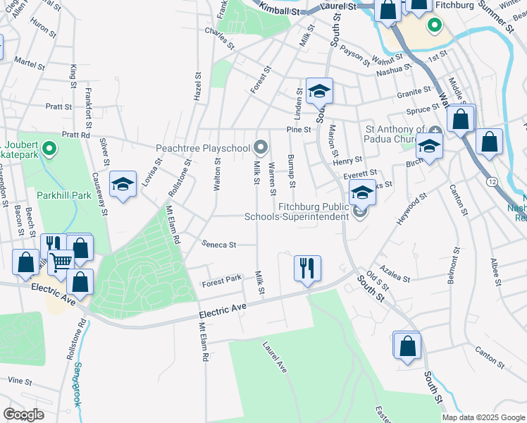 map of restaurants, bars, coffee shops, grocery stores, and more near 138 Warren Street in Fitchburg