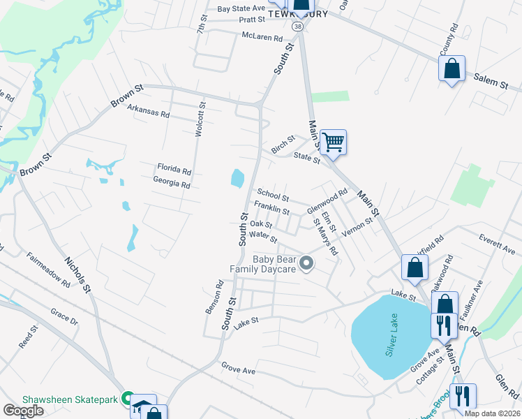 map of restaurants, bars, coffee shops, grocery stores, and more near 8 Central Street in Tewksbury