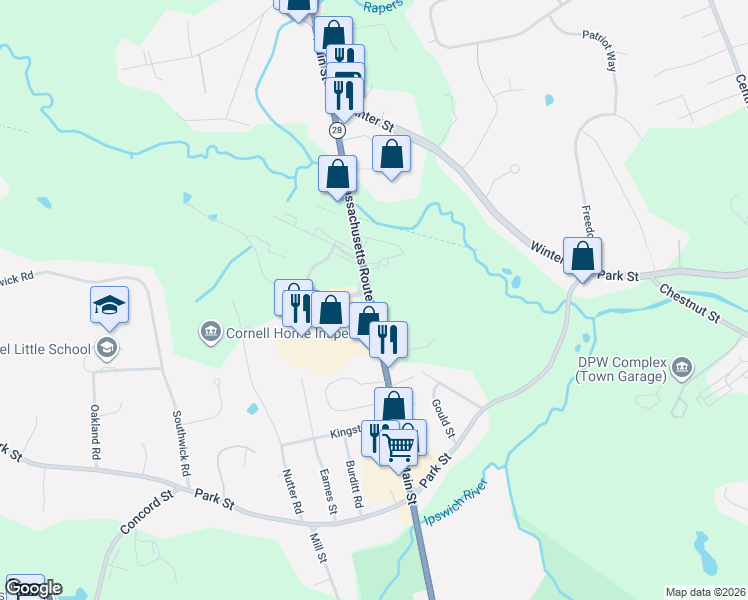 map of restaurants, bars, coffee shops, grocery stores, and more near 76 Main Street in North Reading