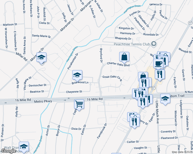 map of restaurants, bars, coffee shops, grocery stores, and more near 37137 Briarwood Lane in Clinton Township