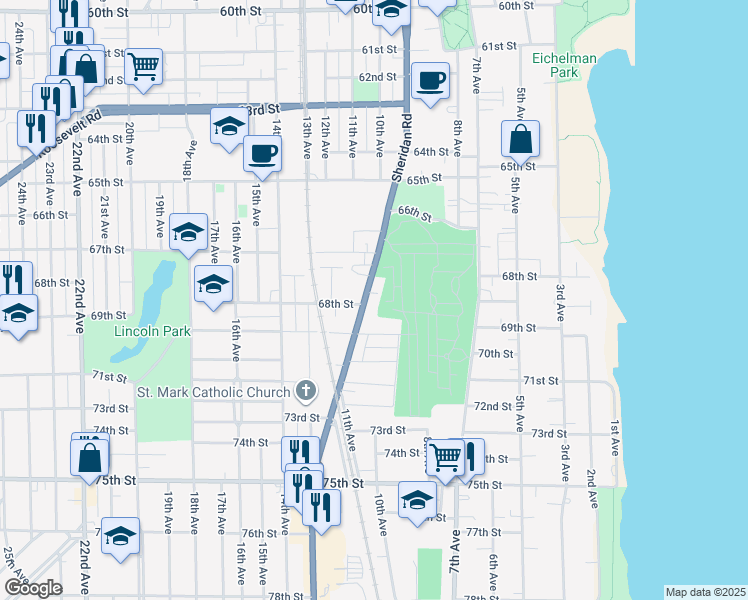 map of restaurants, bars, coffee shops, grocery stores, and more near 6750 Sheridan Road in Kenosha
