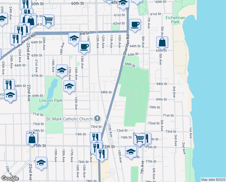 map of restaurants, bars, coffee shops, grocery stores, and more near 6750 Sheridan Road in Kenosha