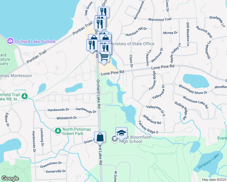 map of restaurants, bars, coffee shops, grocery stores, and more near 4624 Laurel Club Circle in West Bloomfield Township