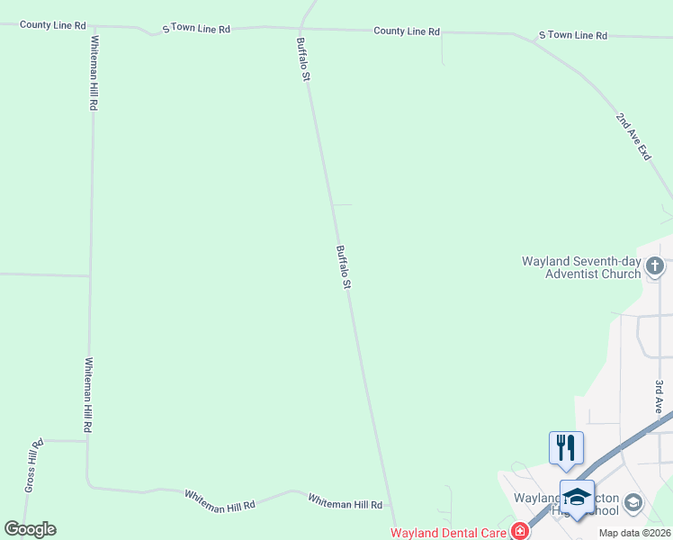 map of restaurants, bars, coffee shops, grocery stores, and more near 11745 Buffalo St in Wayland