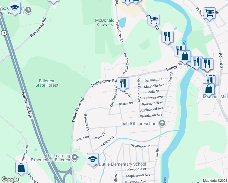 map of restaurants, bars, coffee shops, grocery stores, and more near 6 Eubar Circle in Billerica