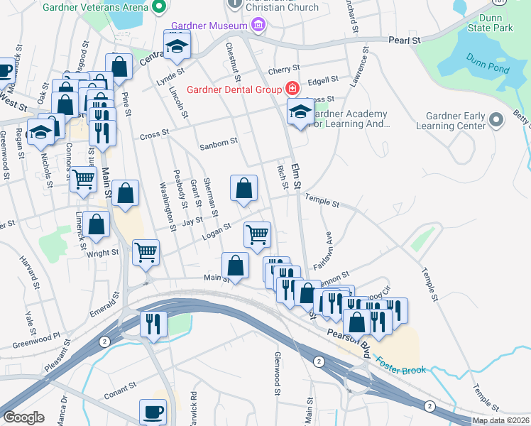 map of restaurants, bars, coffee shops, grocery stores, and more near 35 Logan Street in Gardner