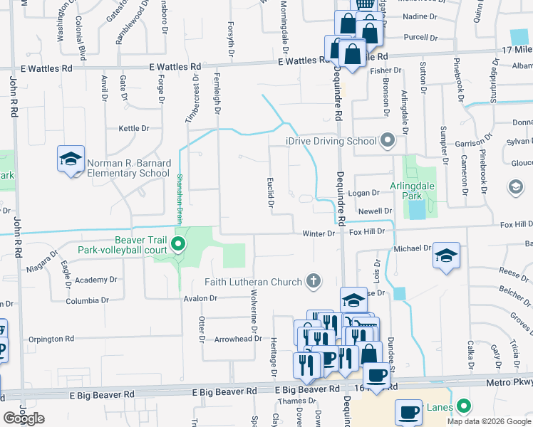 map of restaurants, bars, coffee shops, grocery stores, and more near 3555 Euclid Drive in Troy