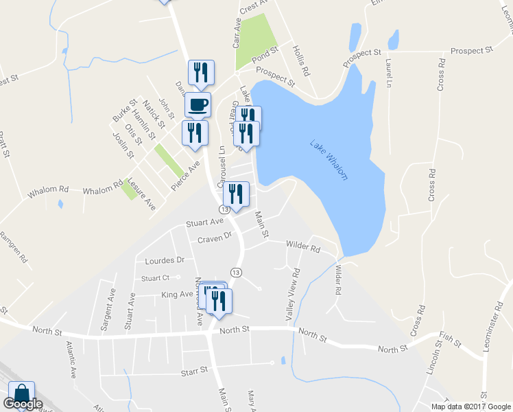 map of restaurants, bars, coffee shops, grocery stores, and more near 1476 Main Street in Leominster