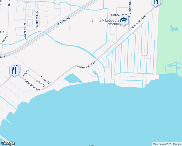 map of restaurants, bars, coffee shops, grocery stores, and more near 37774 Jefferson Avenue in Harrison Township