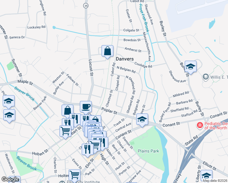 map of restaurants, bars, coffee shops, grocery stores, and more near 48 Columbia Road in Danvers
