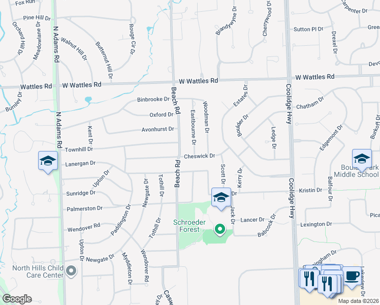 map of restaurants, bars, coffee shops, grocery stores, and more near 2420 Cheswick Drive in Troy