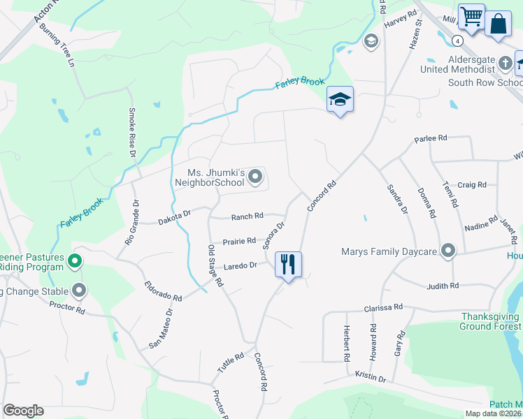 map of restaurants, bars, coffee shops, grocery stores, and more near 5 Ranch Road in Chelmsford