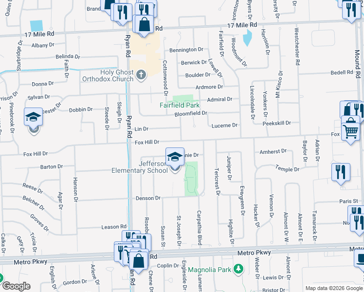 map of restaurants, bars, coffee shops, grocery stores, and more near 4402 Fox Hill Drive in Sterling Heights