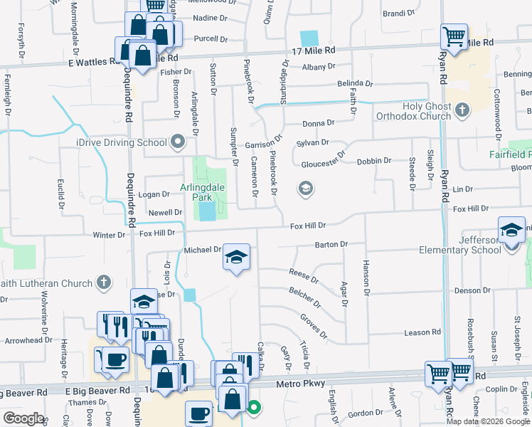 map of restaurants, bars, coffee shops, grocery stores, and more near 2836 Bainbridge Drive in Sterling Heights