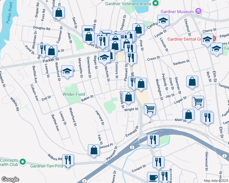 map of restaurants, bars, coffee shops, grocery stores, and more near 38 Baker Street in Gardner