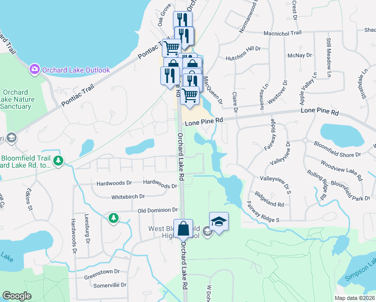 map of restaurants, bars, coffee shops, grocery stores, and more near 4648 Laurel Club Circle in West Bloomfield Township