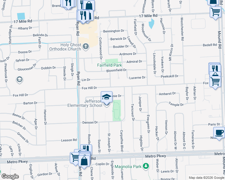map of restaurants, bars, coffee shops, grocery stores, and more near 4402 Fox Hill Drive in Sterling Heights