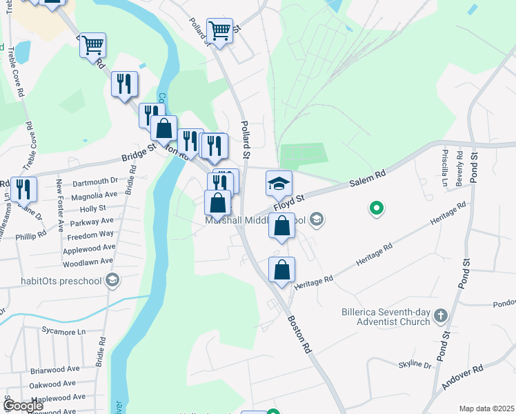 map of restaurants, bars, coffee shops, grocery stores, and more near 35 Parlmont Park in Billerica