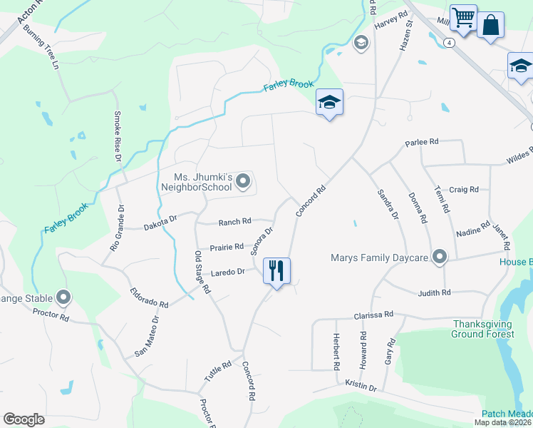 map of restaurants, bars, coffee shops, grocery stores, and more near 1 Ranch Road in Chelmsford