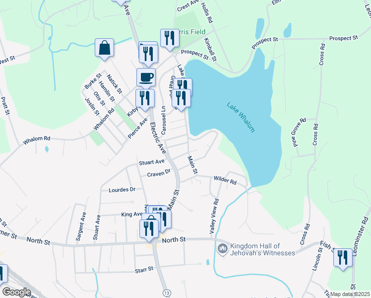 map of restaurants, bars, coffee shops, grocery stores, and more near 1476 Main Street in Leominster