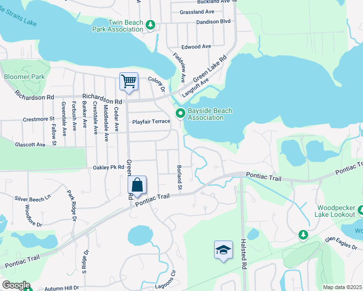 map of restaurants, bars, coffee shops, grocery stores, and more near 4437 Borland Street in West Bloomfield Township