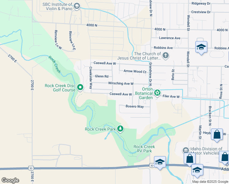 map of restaurants, bars, coffee shops, grocery stores, and more near 1078 Filer Avenue West in Twin Falls