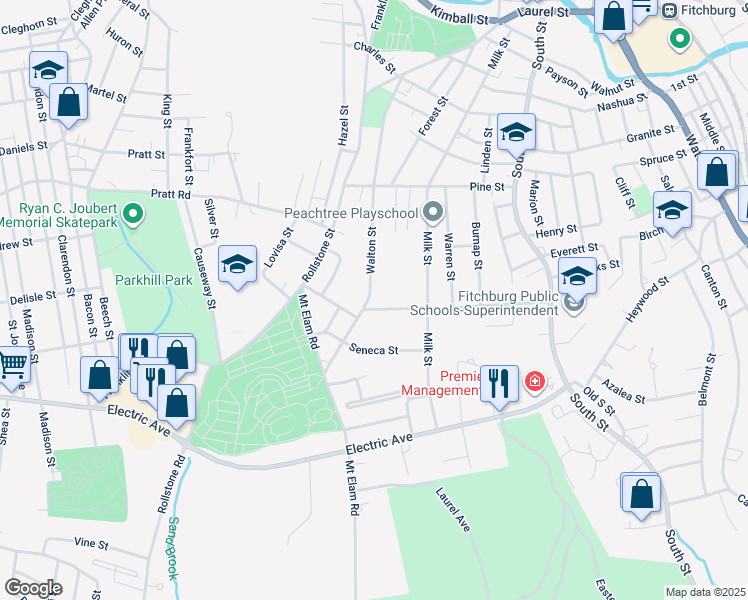 map of restaurants, bars, coffee shops, grocery stores, and more near 191 Ellis Street in Fitchburg