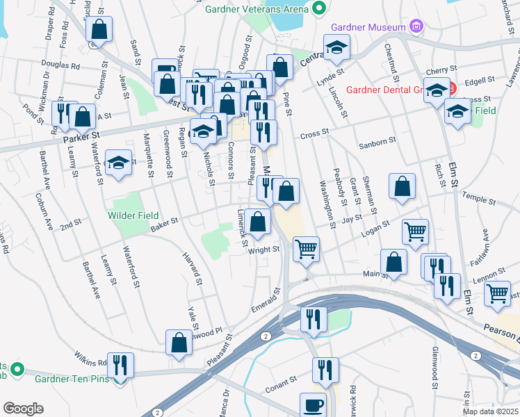 map of restaurants, bars, coffee shops, grocery stores, and more near 242 Pleasant Street in Gardner