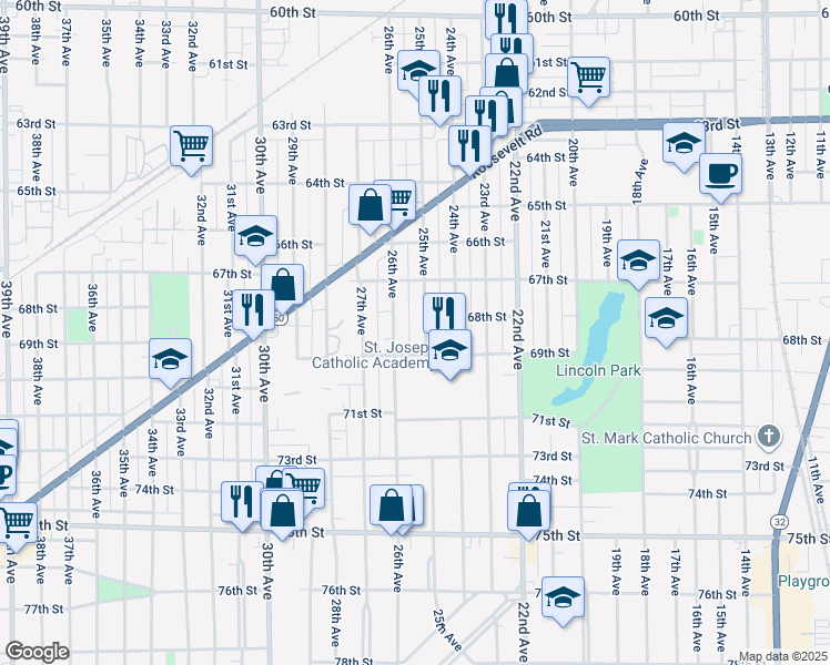 map of restaurants, bars, coffee shops, grocery stores, and more near 6821 26th Avenue in Kenosha