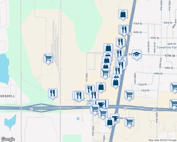 map of restaurants, bars, coffee shops, grocery stores, and more near 6965 70th Court in Kenosha