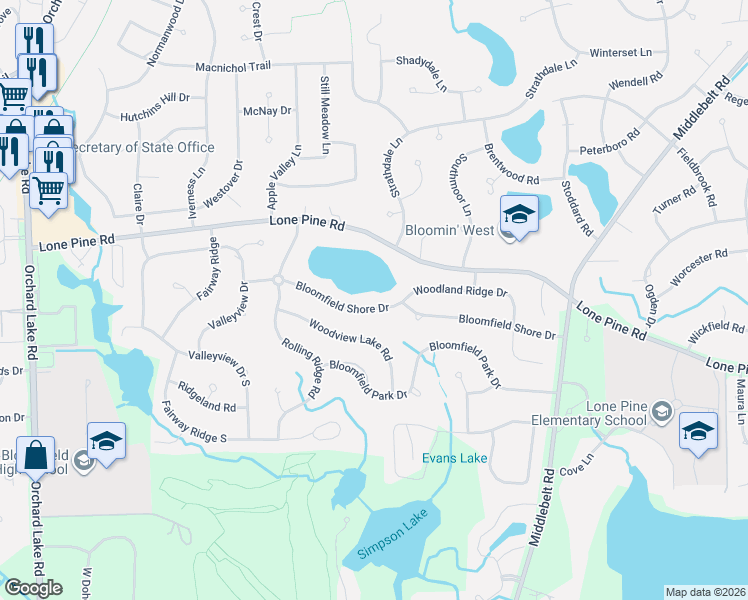 map of restaurants, bars, coffee shops, grocery stores, and more near 3230 Bloomfield Shore Drive in West Bloomfield Township