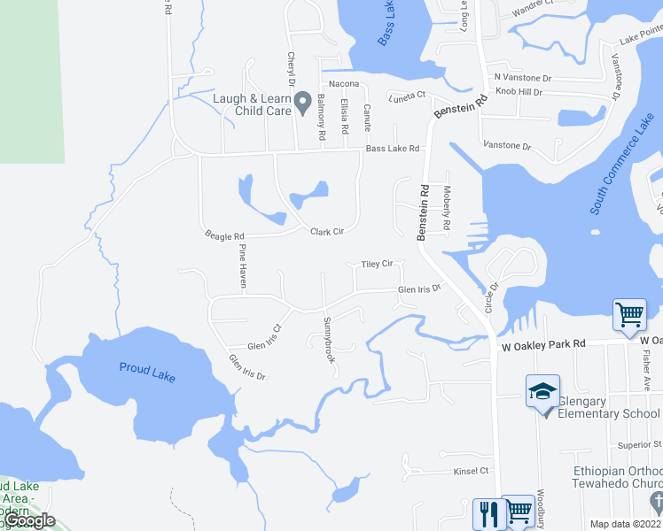 map of restaurants, bars, coffee shops, grocery stores, and more near 3480 Glenview Court in Commerce Charter Township