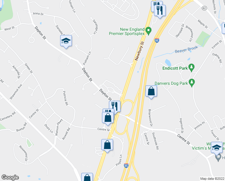 map of restaurants, bars, coffee shops, grocery stores, and more near 180 Newbury Street in Danvers