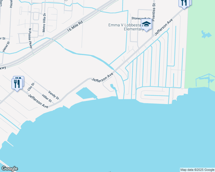 map of restaurants, bars, coffee shops, grocery stores, and more near 37774 Jefferson Avenue in Harrison Township