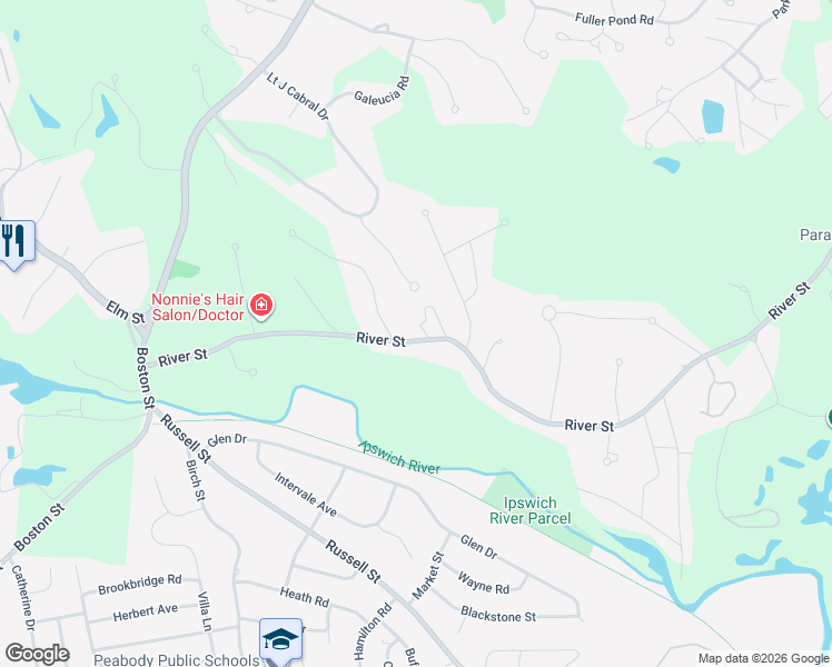 map of restaurants, bars, coffee shops, grocery stores, and more near 119 River Street in Middleton