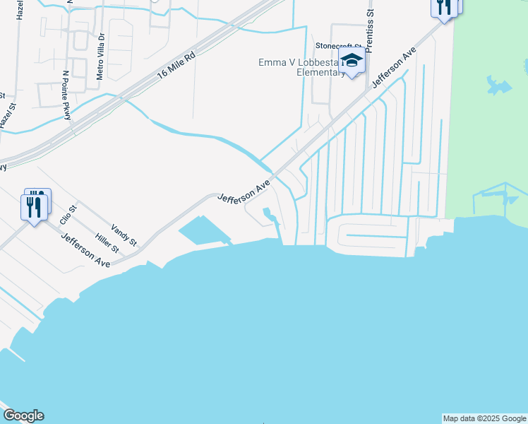 map of restaurants, bars, coffee shops, grocery stores, and more near 37774 Jefferson Avenue in Harrison Township