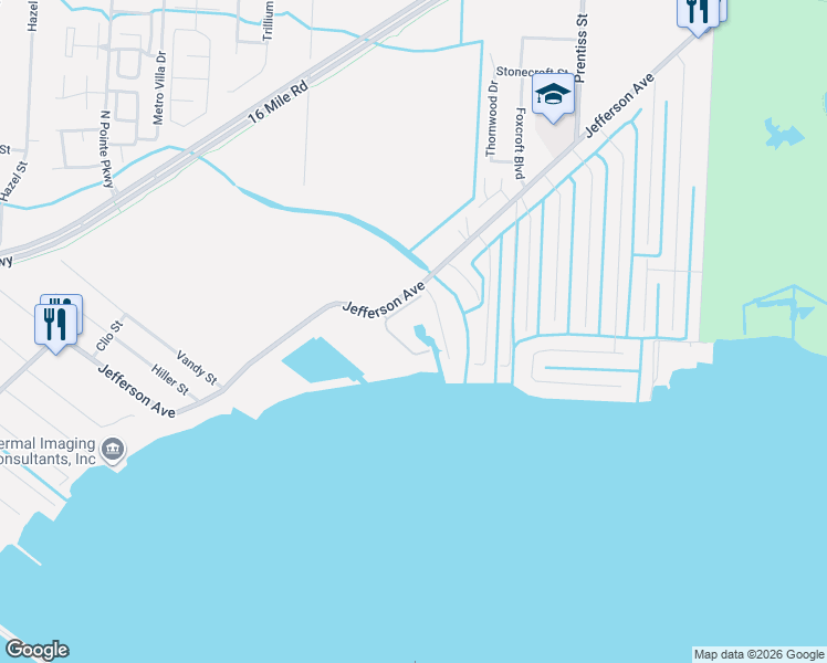 map of restaurants, bars, coffee shops, grocery stores, and more near 37774 Jefferson Avenue in Harrison Township