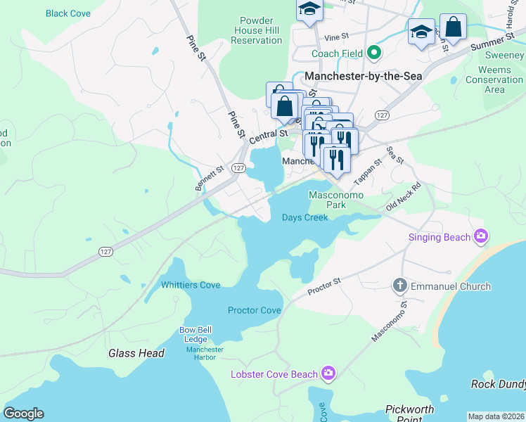 map of restaurants, bars, coffee shops, grocery stores, and more near 17 Ashland Avenue in Manchester-by-the-Sea