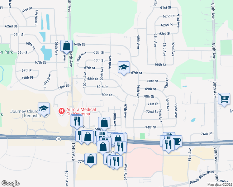 map of restaurants, bars, coffee shops, grocery stores, and more near 9819 70th Street in Kenosha