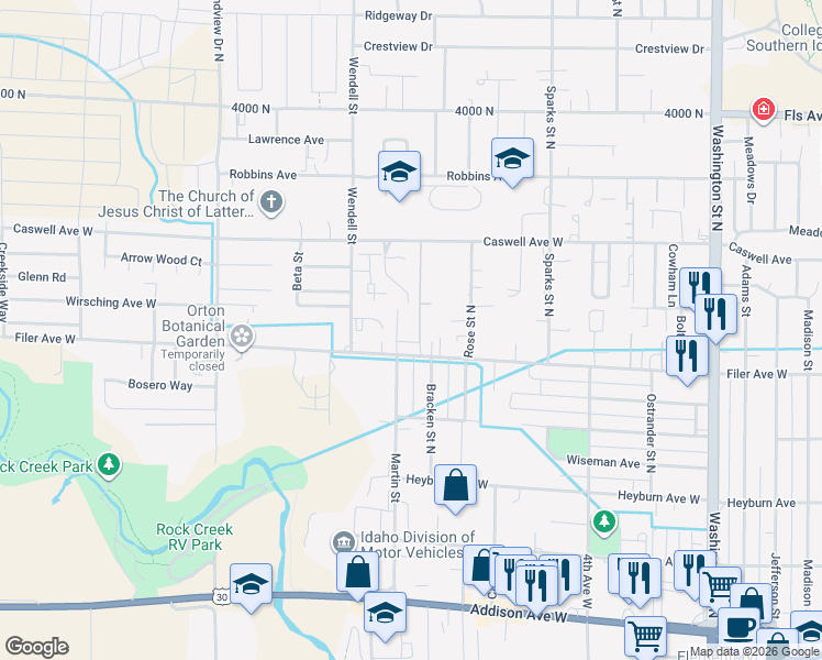 map of restaurants, bars, coffee shops, grocery stores, and more near 622 Filer Avenue West in Twin Falls