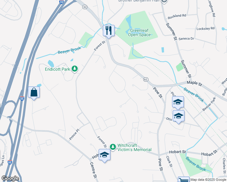 map of restaurants, bars, coffee shops, grocery stores, and more near 19 Bayberry Road in Danvers