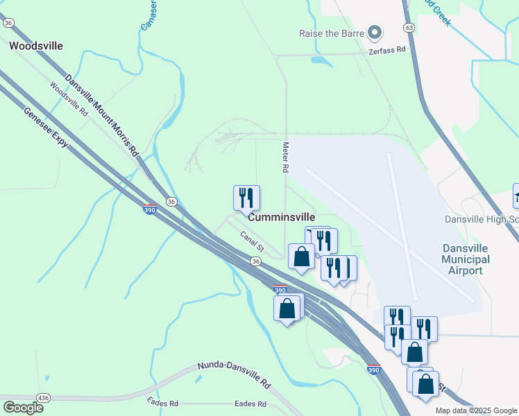 map of restaurants, bars, coffee shops, grocery stores, and more near 5588 Hartman Road in Dansville