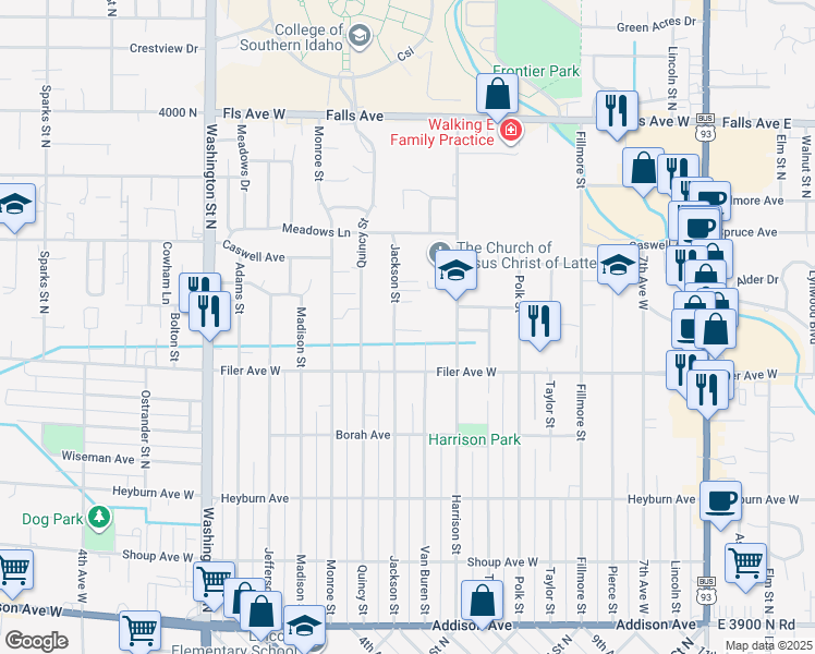 map of restaurants, bars, coffee shops, grocery stores, and more near 558 Jackson Street in Twin Falls