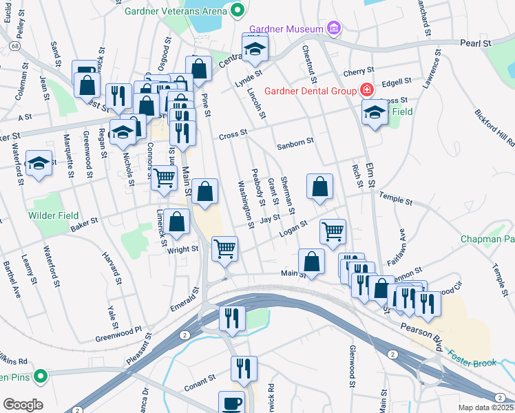 map of restaurants, bars, coffee shops, grocery stores, and more near 152 Peabody Street in Gardner