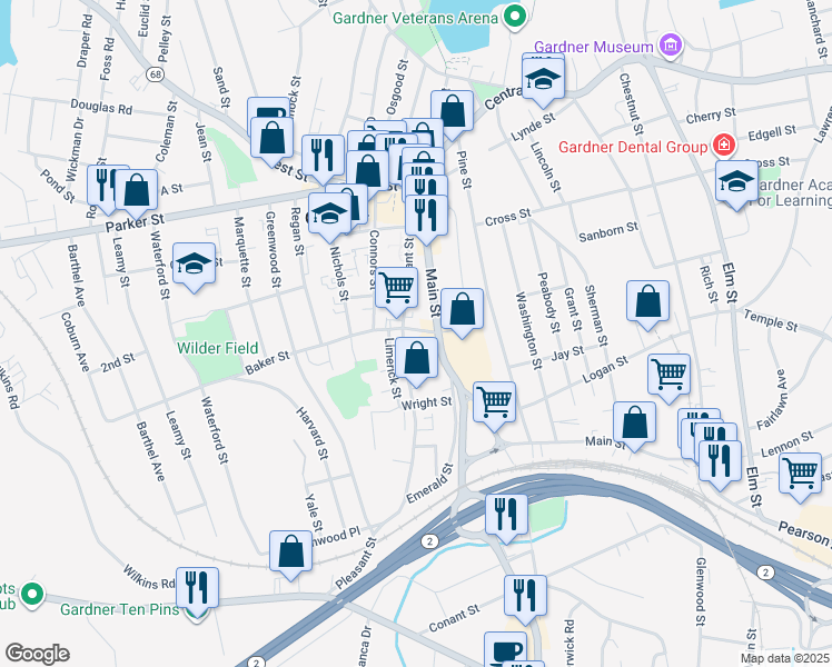map of restaurants, bars, coffee shops, grocery stores, and more near 242 Pleasant Street in Gardner