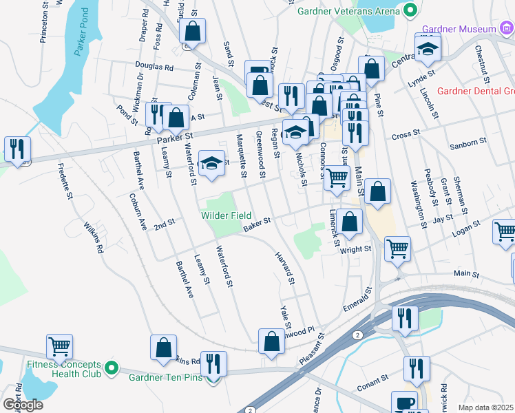 map of restaurants, bars, coffee shops, grocery stores, and more near 127 Marquette Street in Gardner
